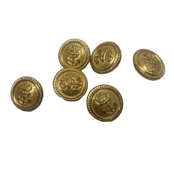 6 Vintage Metal Navy Anchor Buttons Gold Tone 3/4" Round Spin 1970s Fashion - Picture 2 of 4